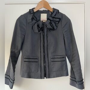 Rebecca Taylor Ruffled Collar Cropped Blazer Gray Black Trim Size 2